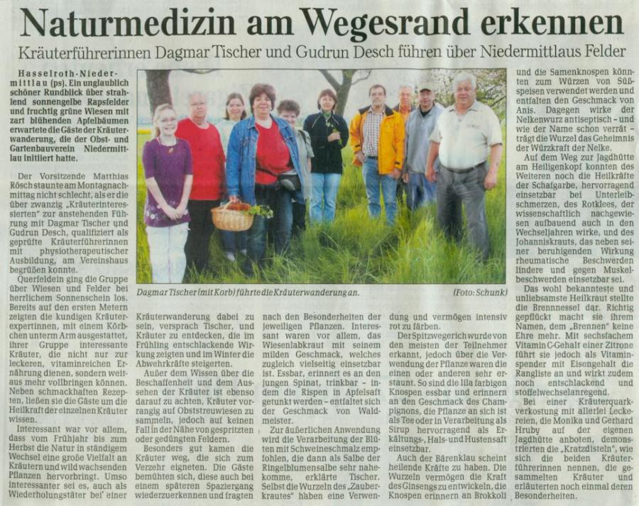 Ein Pressebericht aus der GNZ zur Kräuterwanderung mit dem Obst- und Gartenbauverein Niedermittlau